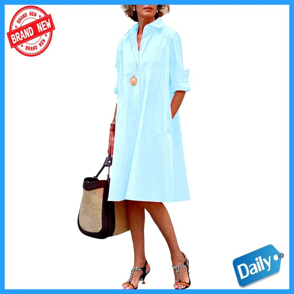Button Down Shirt Dress Loose A-Line Midi Shift Tunic Elegant Chic Casual